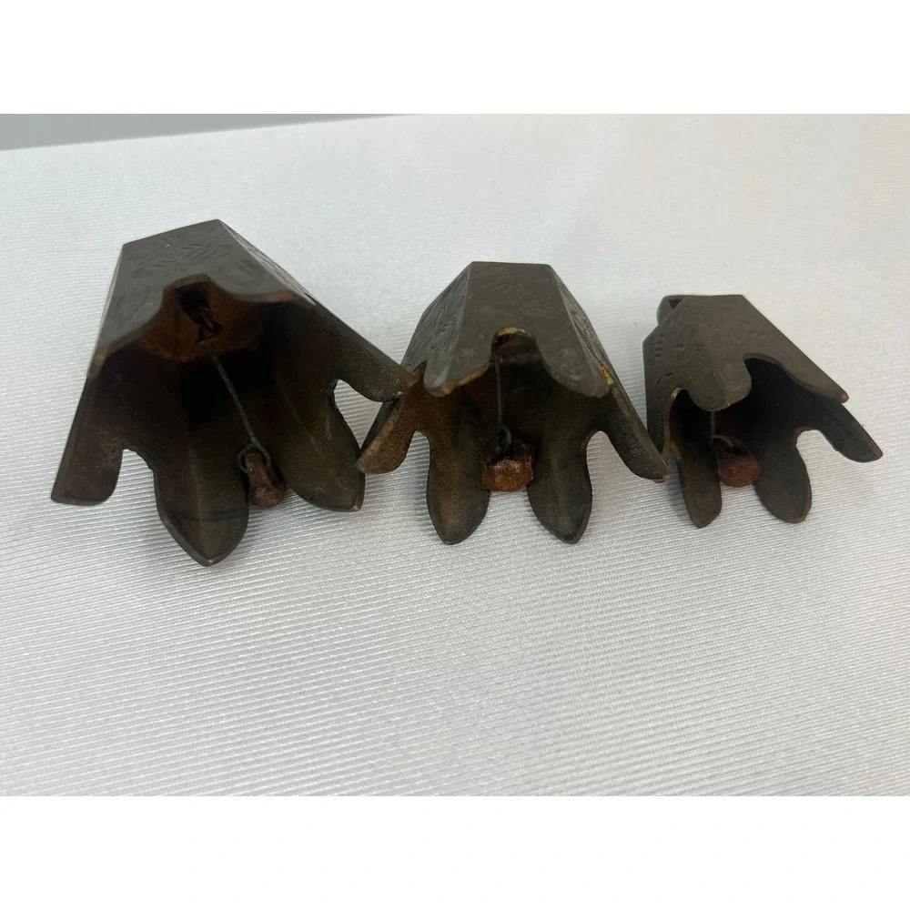 Vintage Bells of Sarna India Brass Bells Set of 3 Etched Floral Graduated